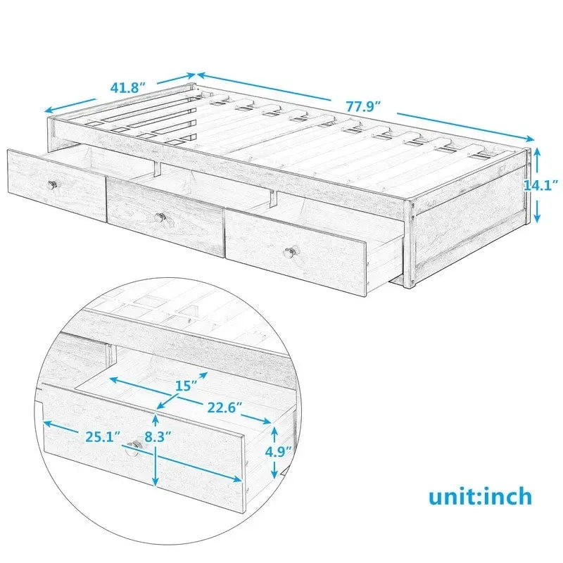 Letto a piattaforma in legno per letto singolo con 3 cassetti