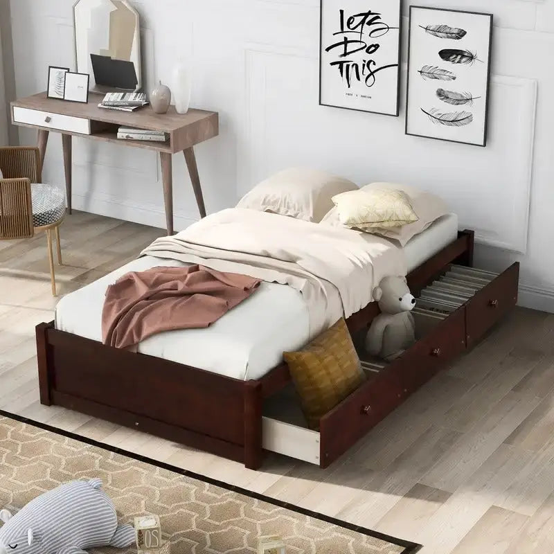 Letto a piattaforma in legno per letto singolo con 3 cassetti