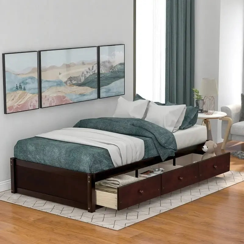 Letto a piattaforma in legno per letto singolo con 3 cassetti