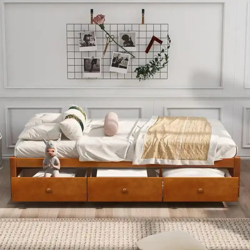 Letto a piattaforma in legno per letto singolo con 3 cassetti