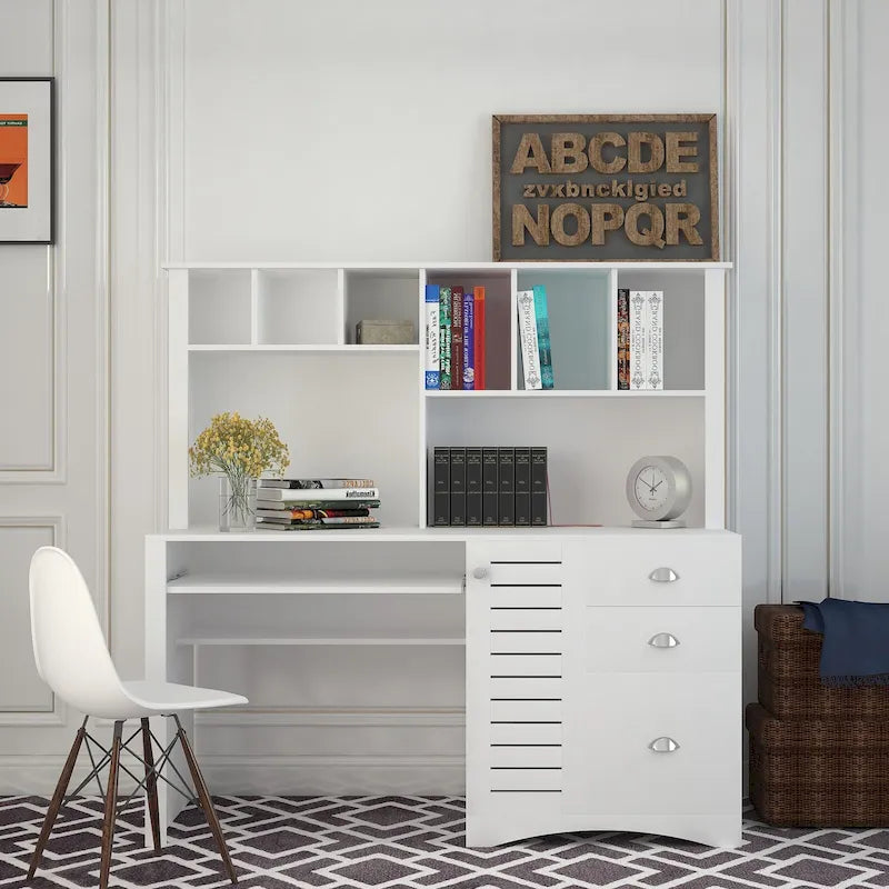 Scrivania moderna per computer con alzata, ripiani a 2 livelli, cassetti e armadietto nascosto per studio, camera da letto o soggiorno