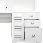 Scrivania moderna per computer con alzata, ripiani a 2 livelli, cassetti e armadietto nascosto per studio, camera da letto o soggiorno