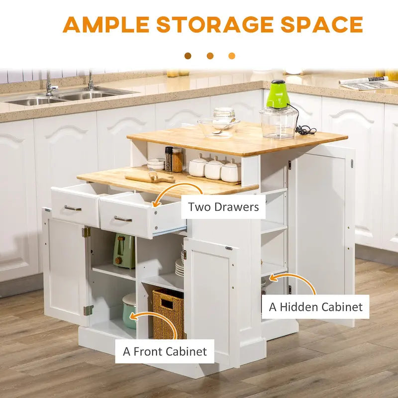 Isola da cucina con mobile contenitore e piano in legno di gomma a 2 livelli (sgabello non incluso)