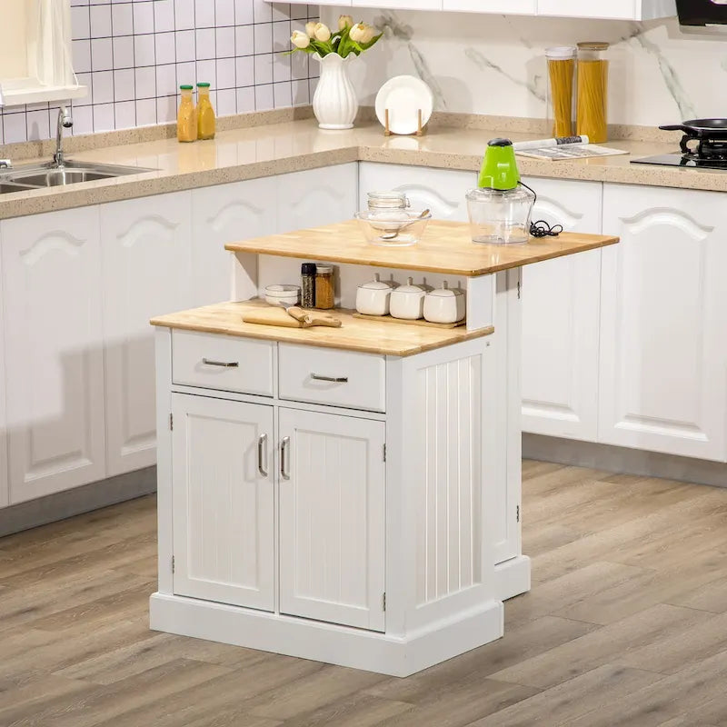 Isola da cucina con mobile contenitore e piano in legno di gomma a 2 livelli (sgabello non incluso)