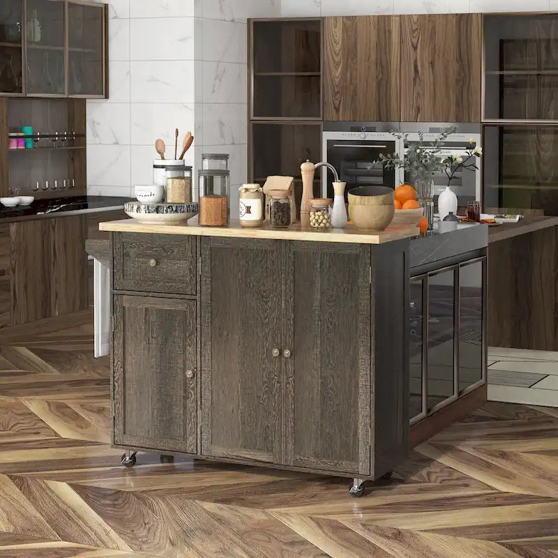Isola da Cucina Mobile con Rotelle a Tre Armadietti (sgabelli esclusi)