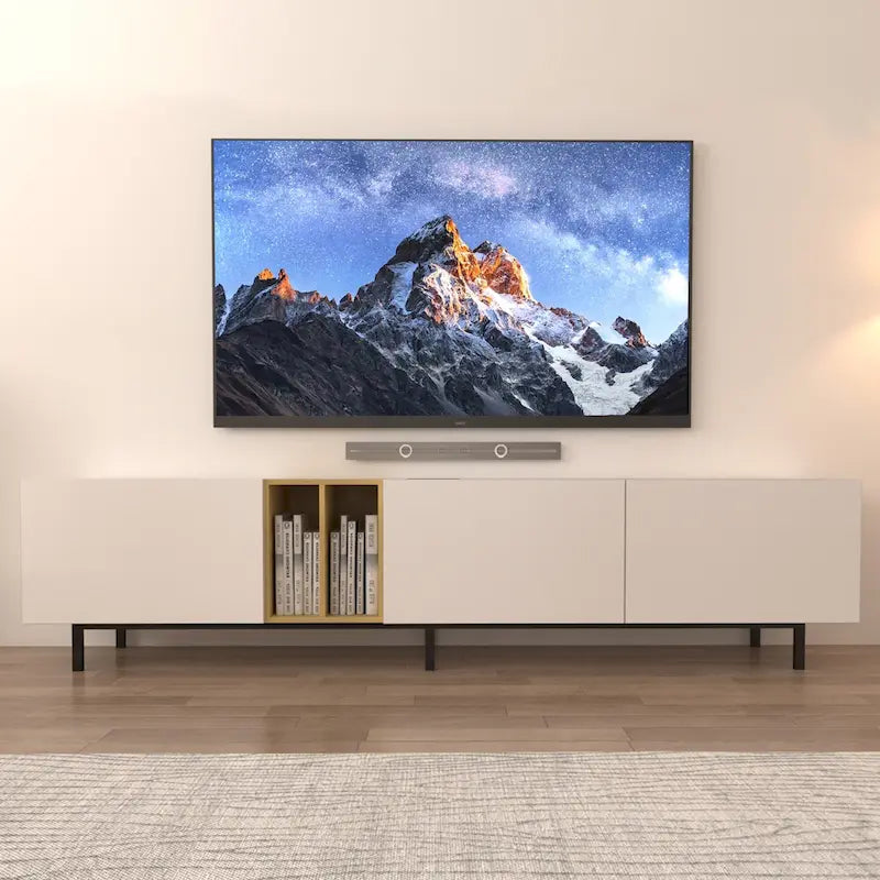 Mobile TV bianco 77 con ampio spazio di archiviazione e presa integrata per TV fino a 70 pollici