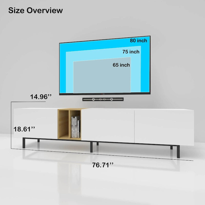 Mobile TV bianco 77 con ampio spazio di archiviazione e presa integrata per TV fino a 70 pollici