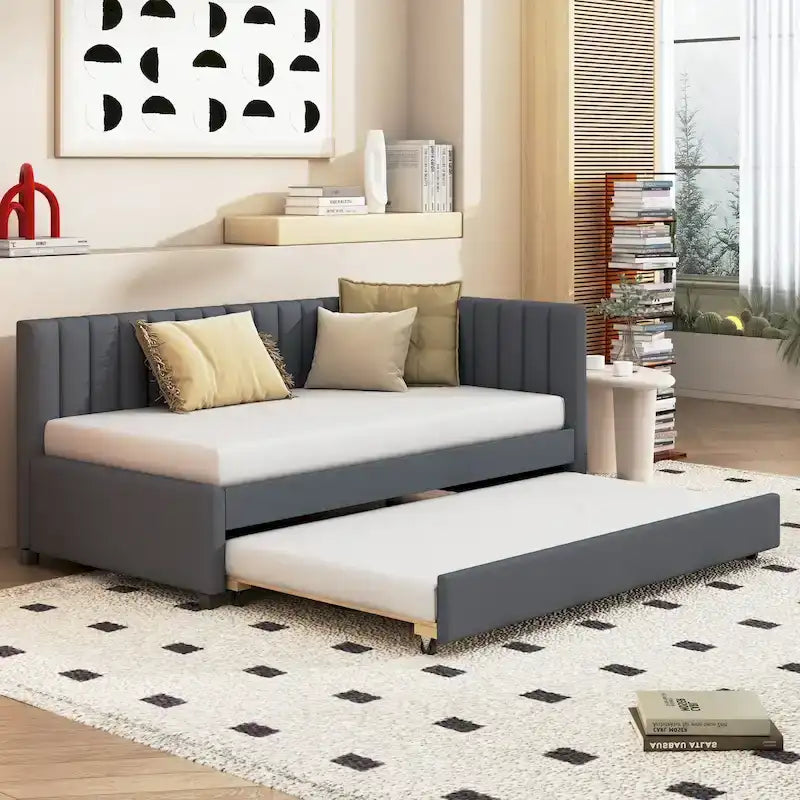 Divano letto singolo in lino con letto estraibile e design semi-chiuso