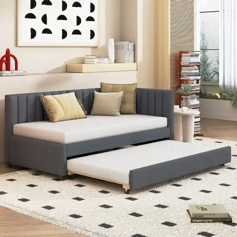 Divano letto singolo in lino con letto estraibile e design semi-chiuso