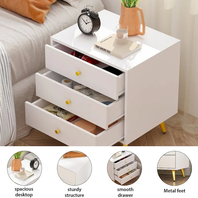 Comodino 3 cassetti con gambe in metallo Tavolino bianco