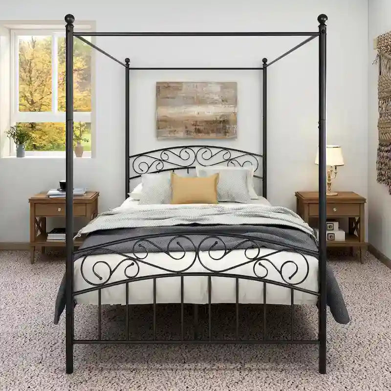 Struttura Letto a Baldacchino in Metallo con Testiera e Pediera Ornate in Stile Europeo, in Robusto Acciaio, Adatta al Tuo Materasso, Facile Fai-da-te