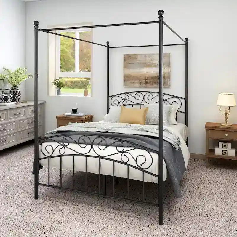 Struttura Letto a Baldacchino in Metallo con Testiera e Pediera Ornate in Stile Europeo, in Robusto Acciaio, Adatta al Tuo Materasso, Facile Fai-da-te