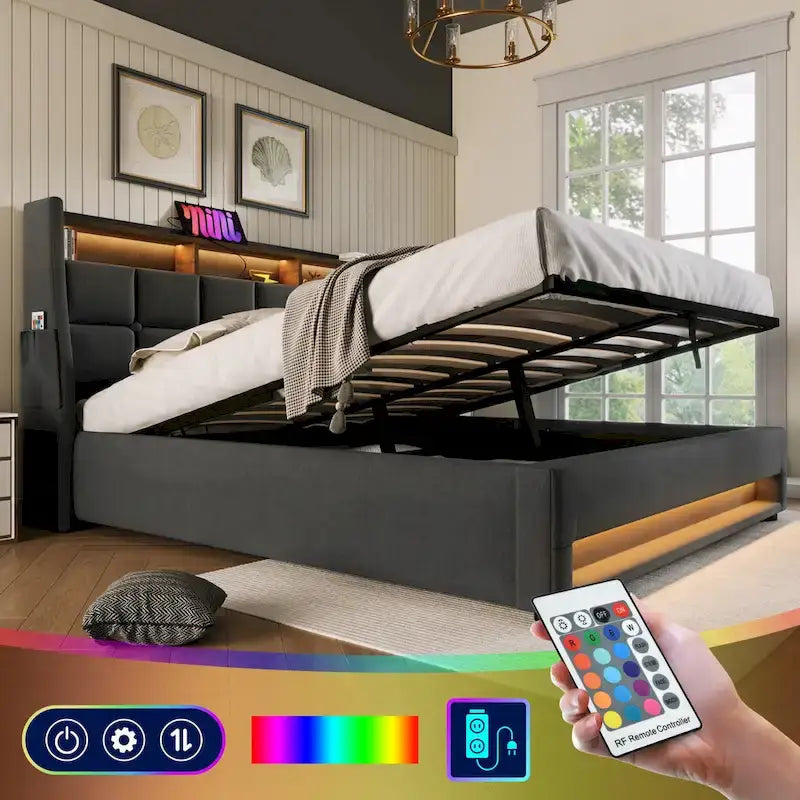 Queen size Upholstered Platform bed with a Hydraulic Storage System, LED and USB Charging, Grey (without mattress)