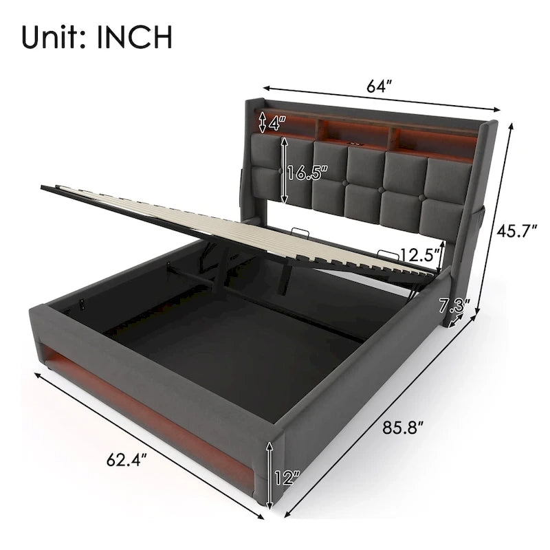 Letto a piattaforma imbottito queen size con sistema di stoccaggio idraulico, LED e ricarica USB, grigio (senza materasso)