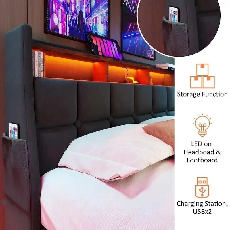Letto a piattaforma imbottito queen size con sistema di stoccaggio idraulico, LED e ricarica USB, grigio (senza materasso)