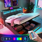 Letto a piattaforma imbottito queen size con sistema di stoccaggio idraulico, LED e ricarica USB, grigio (senza materasso)