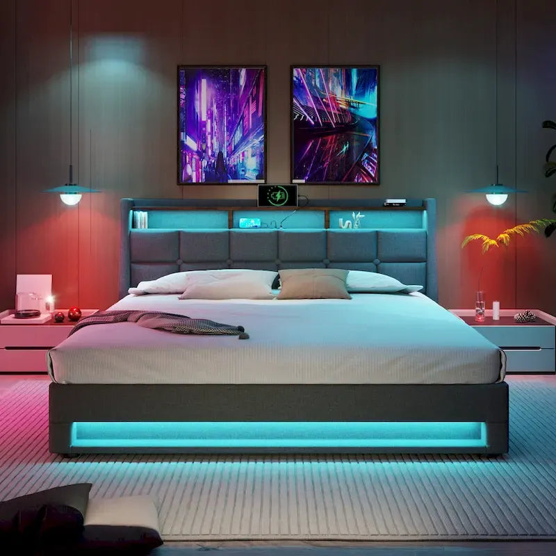 Letto a piattaforma imbottito queen size con sistema di stoccaggio idraulico, LED e ricarica USB, grigio (senza materasso)
