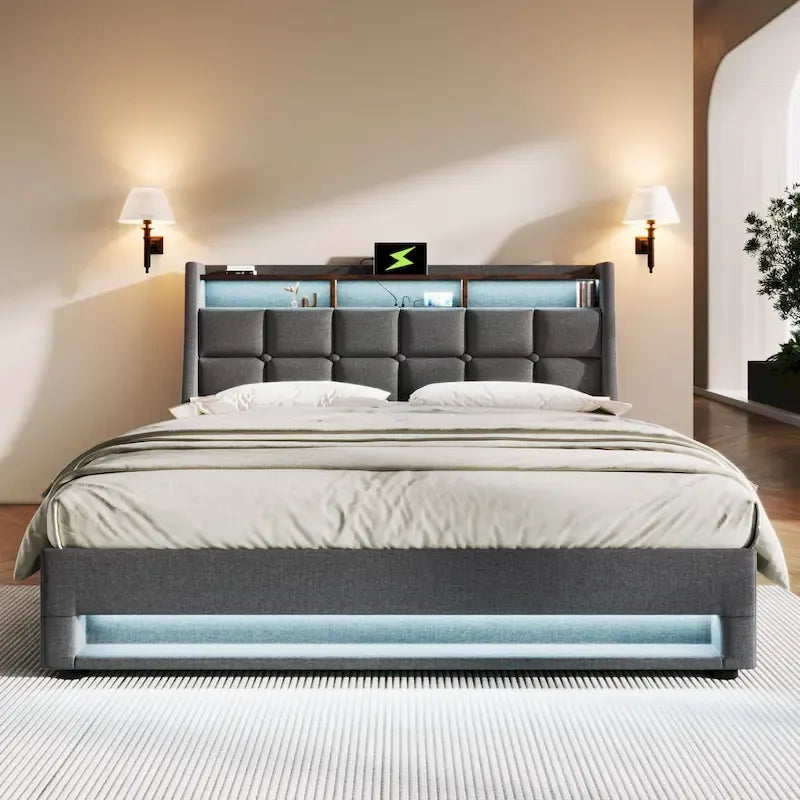 Letto a piattaforma imbottito queen size con sistema di stoccaggio idraulico, LED e ricarica USB, grigio (senza materasso)