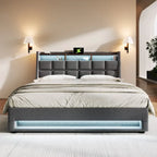 Letto a piattaforma imbottito queen size con sistema di stoccaggio idraulico, LED e ricarica USB, grigio (senza materasso)