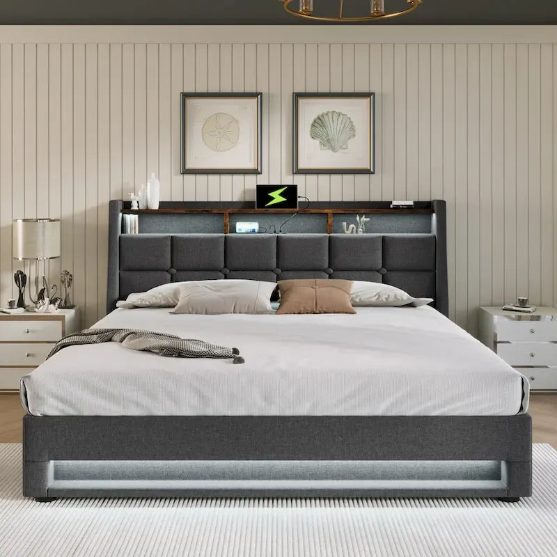 Letto a piattaforma imbottito queen size con sistema di stoccaggio idraulico, LED e ricarica USB, grigio (senza materasso)