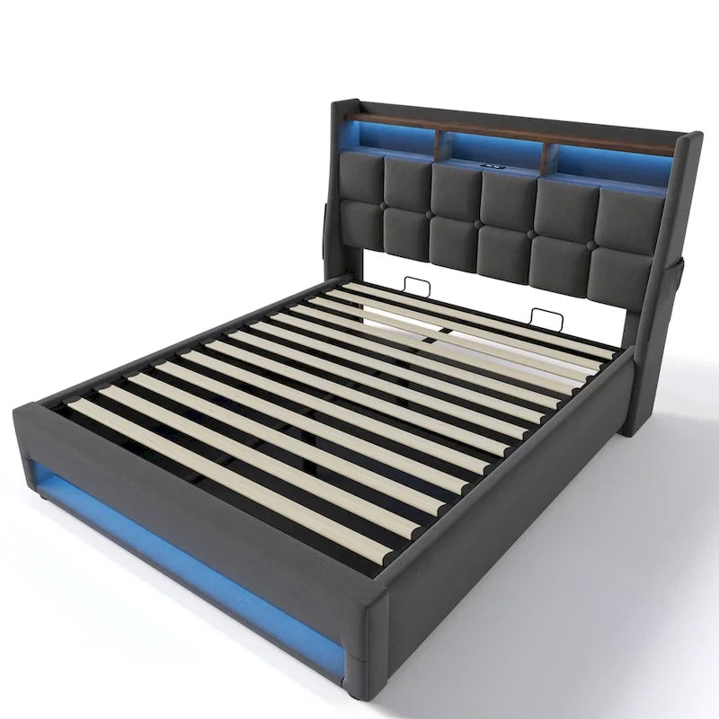 Letto a piattaforma imbottito queen size con sistema di stoccaggio idraulico, LED e ricarica USB, grigio (senza materasso)