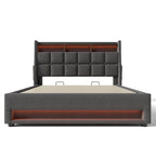 Letto a piattaforma imbottito queen size con sistema di stoccaggio idraulico, LED e ricarica USB, grigio (senza materasso)