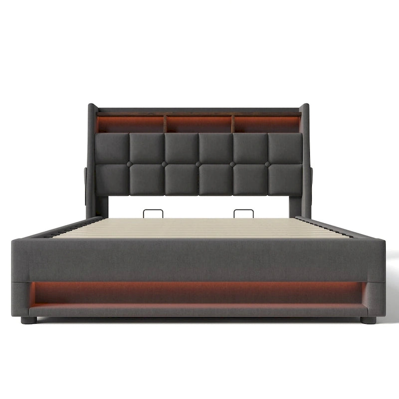 Letto a piattaforma imbottito queen size con sistema di stoccaggio idraulico, LED e ricarica USB, grigio (senza materasso)