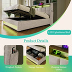 Letto a piattaforma imbottito queen size con sistema di stoccaggio idraulico, LED e ricarica USB, grigio (senza materasso)