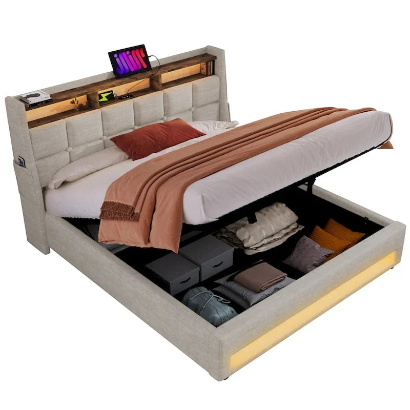 Letto a piattaforma imbottito queen size con sistema di stoccaggio idraulico, LED e ricarica USB, grigio (senza materasso)