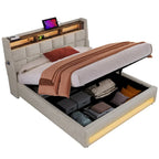 Letto a piattaforma imbottito queen size con sistema di stoccaggio idraulico, LED e ricarica USB, grigio (senza materasso)