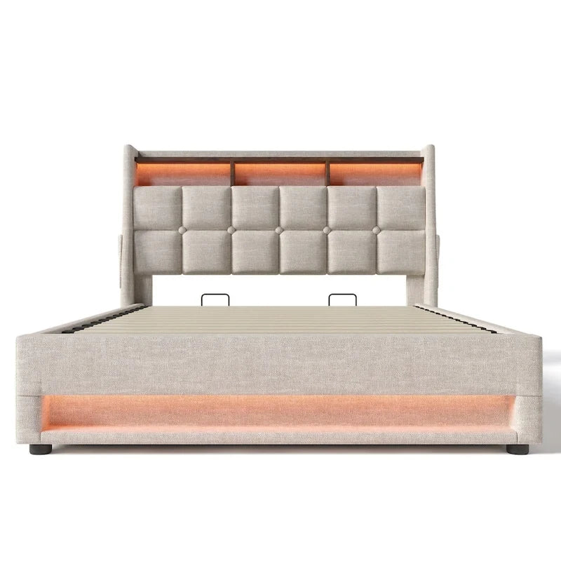 Letto a piattaforma imbottito queen size con sistema di stoccaggio idraulico, LED e ricarica USB, grigio (senza materasso)