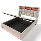 Letto a piattaforma imbottito queen size con sistema di stoccaggio idraulico, LED e ricarica USB, grigio (senza materasso)