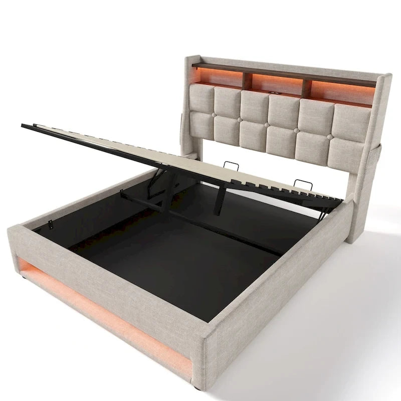 Letto a piattaforma imbottito queen size con sistema di stoccaggio idraulico, LED e ricarica USB, grigio (senza materasso)