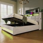 Letto a piattaforma imbottito queen size con sistema di stoccaggio idraulico, LED e ricarica USB, grigio (senza materasso)