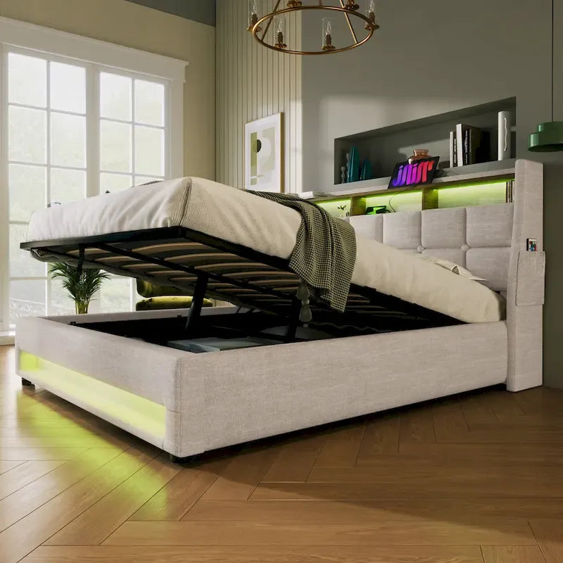 Letto a piattaforma imbottito queen size con sistema di stoccaggio idraulico, LED e ricarica USB, grigio (senza materasso)
