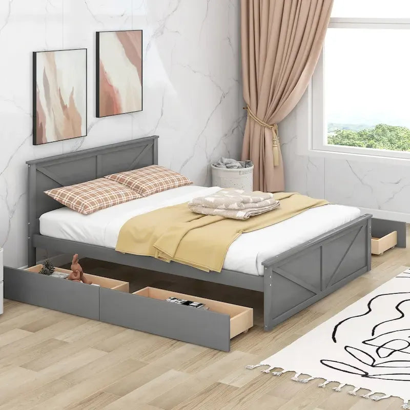 Letto a Piattaforma in Legno con Quattro Cassetti Contenitori e Piedini di Supporto