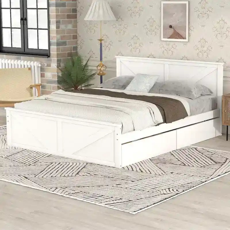 Letto a Piattaforma in Legno con Quattro Cassetti Contenitori e Piedini di Supporto