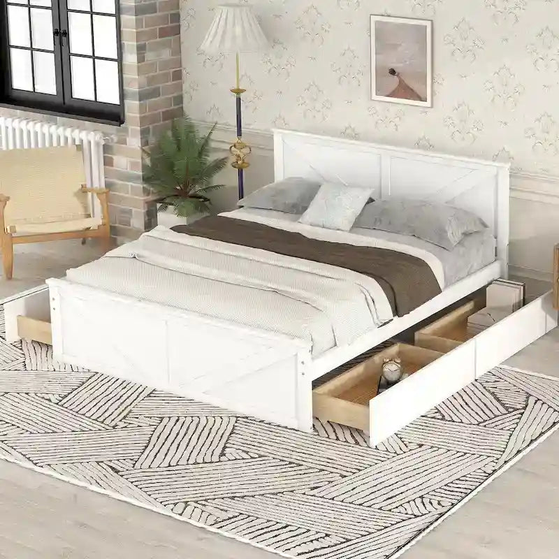 Letto a Piattaforma in Legno con Quattro Cassetti Contenitori e Piedini di Supporto