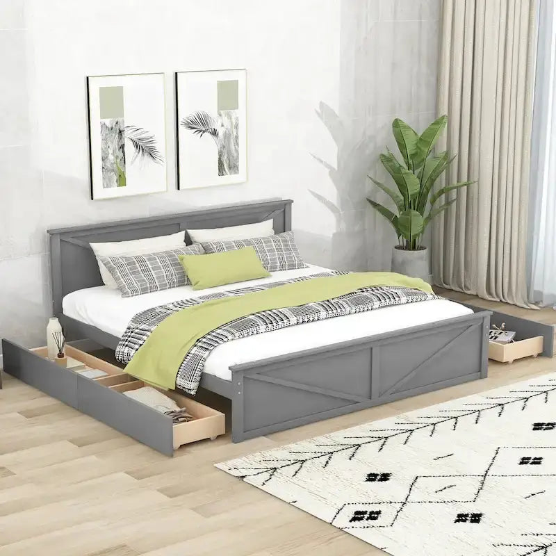 Letto a Piattaforma in Legno con Quattro Cassetti Contenitori e Piedini di Supporto