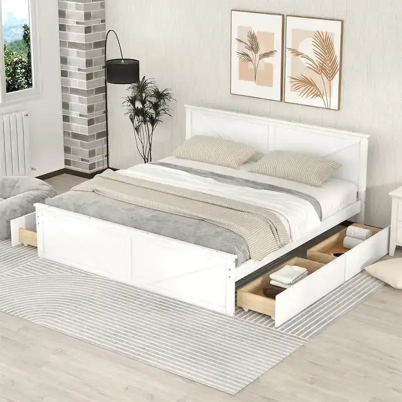 Letto a Piattaforma in Legno con Quattro Cassetti Contenitori e Piedini di Supporto
