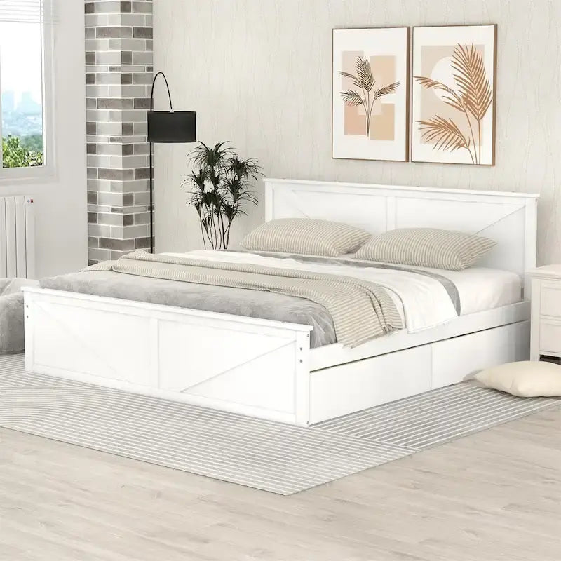 Letto a Piattaforma in Legno con Quattro Cassetti Contenitori e Piedini di Supporto