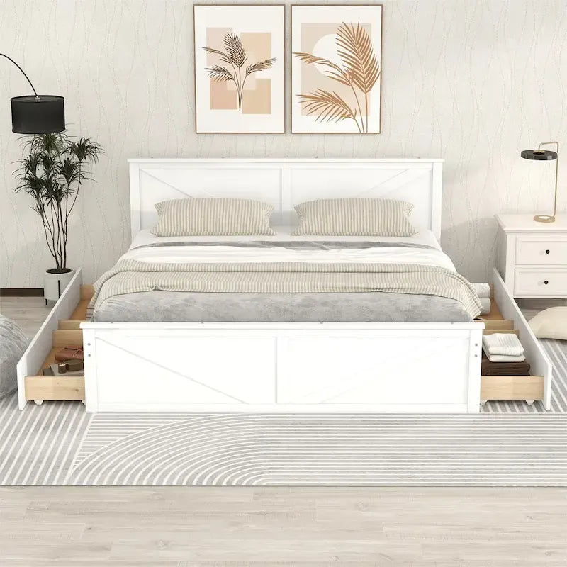 Letto a Piattaforma in Legno con Quattro Cassetti Contenitori e Piedini di Supporto