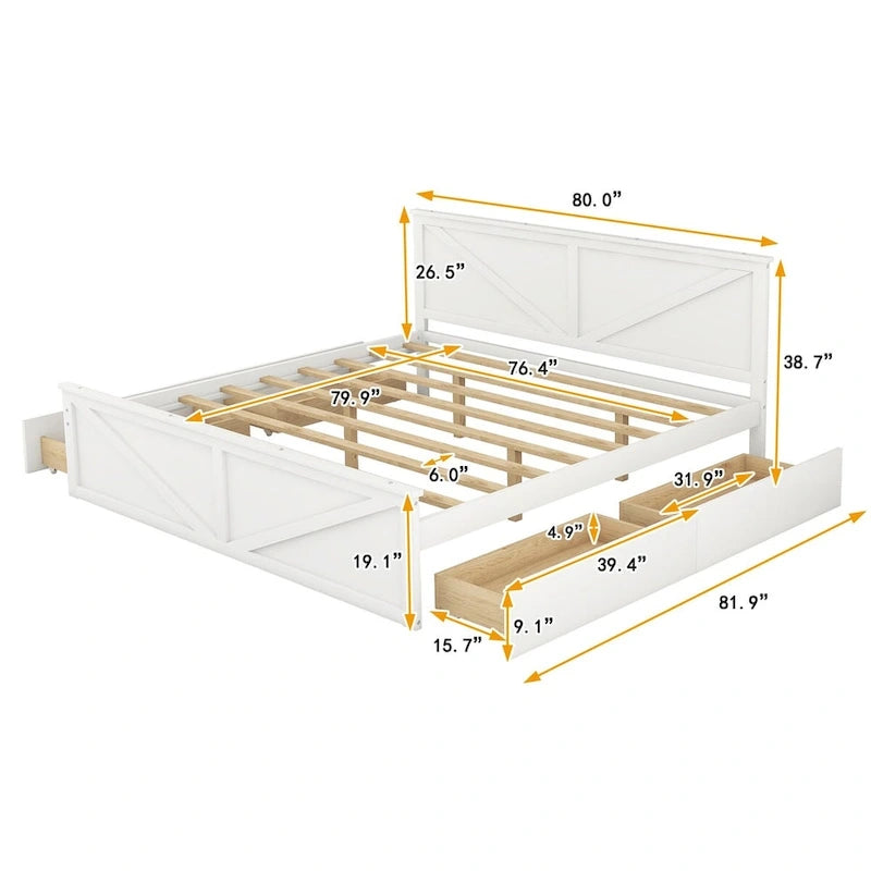 Letto a Piattaforma in Legno con Quattro Cassetti Contenitori e Piedini di Supporto