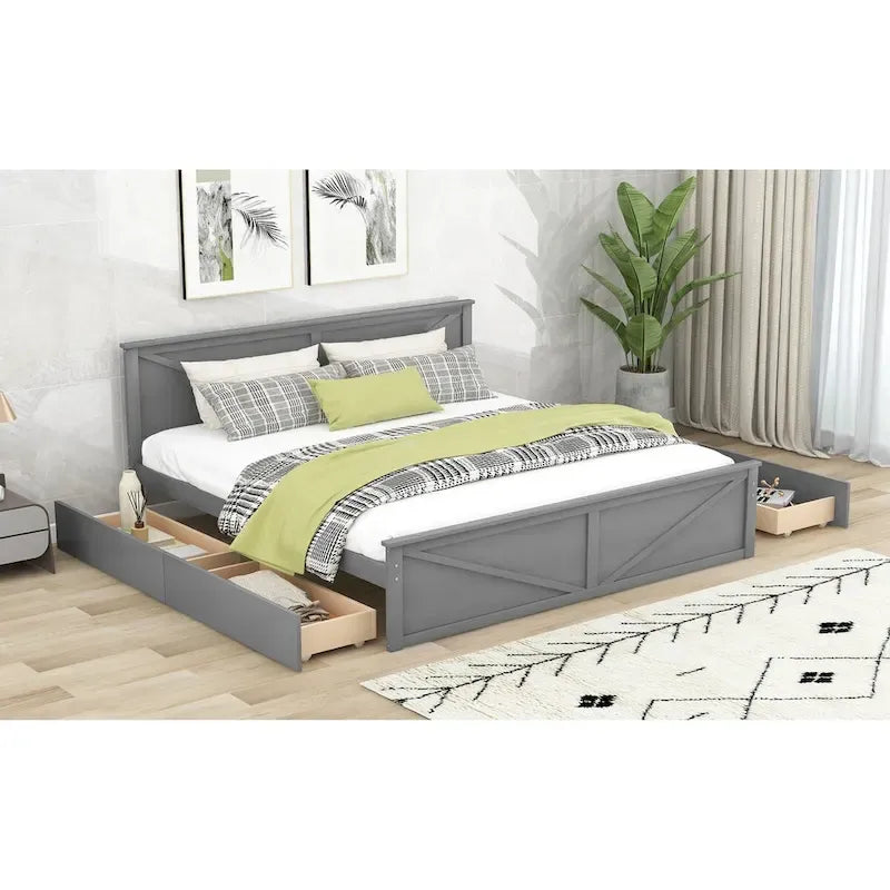 Letto a Piattaforma in Legno con Quattro Cassetti Contenitori e Piedini di Supporto
