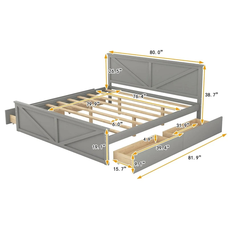 Letto a Piattaforma in Legno con Quattro Cassetti Contenitori e Piedini di Supporto