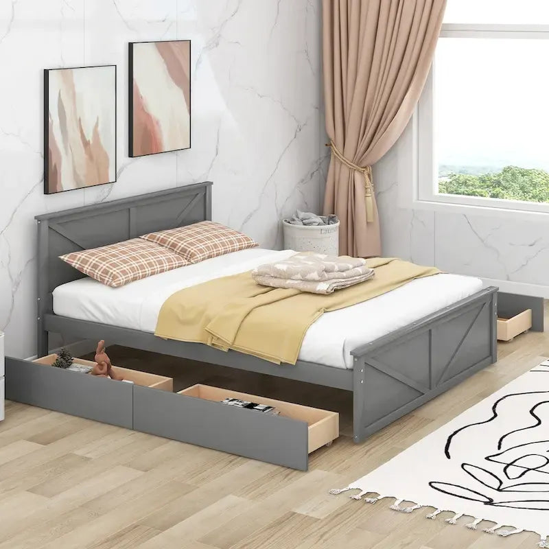 Letto a Piattaforma in Legno con Quattro Cassetti Contenitori e Piedini di Supporto