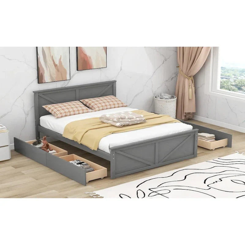 Letto a Piattaforma in Legno con Quattro Cassetti Contenitori e Piedini di Supporto