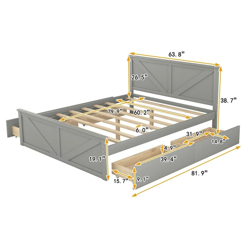 Letto a Piattaforma in Legno con Quattro Cassetti Contenitori e Piedini di Supporto