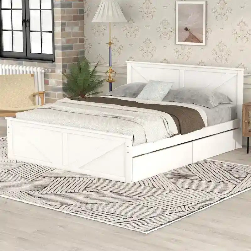 Letto a Piattaforma in Legno con Quattro Cassetti Contenitori e Piedini di Supporto