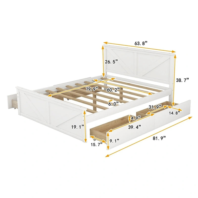 Letto a Piattaforma in Legno con Quattro Cassetti Contenitori e Piedini di Supporto